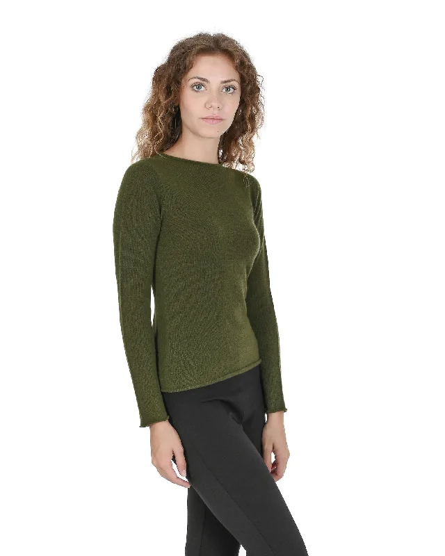 Crown of Edinburgh Cashmere Women's Boat Neck Cashmere Sweater - COE 007 in Verde Oliva - XSRibbed Cuff Knit Tops