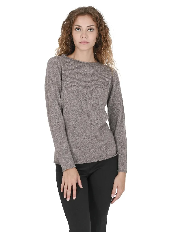 Crown of Edinburgh Cashmere Women's Cashmere Boatneck Sweater in Taupe - LAsymmetrical Knit Tops