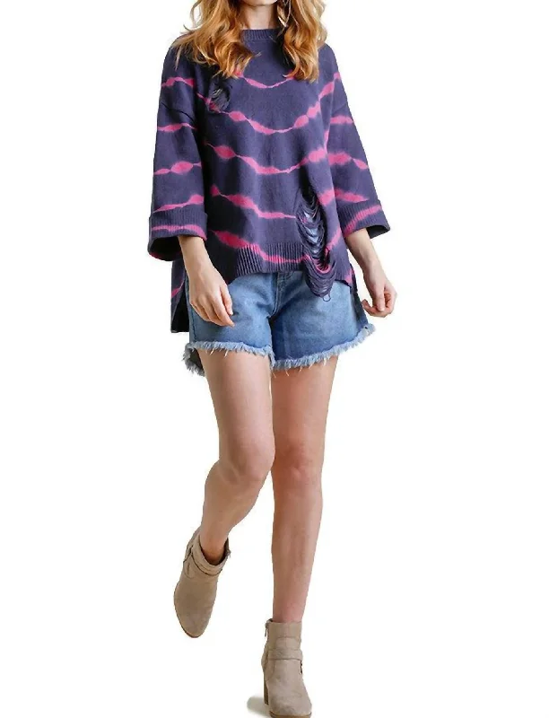 Distressed Tie Dye Sweater In Navy/fuchsiaColorblock Knit Tops