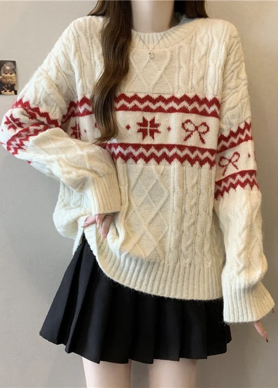 Fashion Beige O Neck Jacquard Thick Knit Sweater WinterGlitter Knit Tops