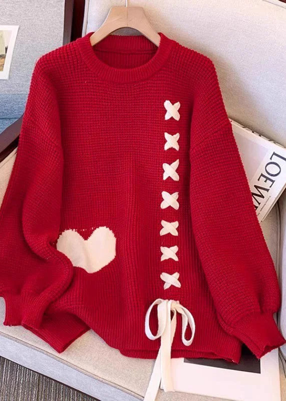 Fashion Red O-Neck Lace Up Knit Sweater Tops WinterStudded Knit Tops