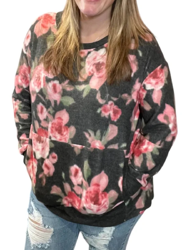 Floral Kangaroo Pocket Sweater In BlackBeaded Knit Tops