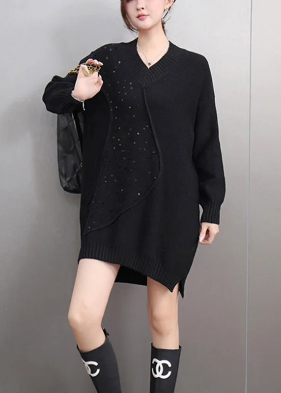 Italian Black Asymmetrical Thick Patchwork Sequins Cotton Knit Sweaters WinterZippered Knit Tops