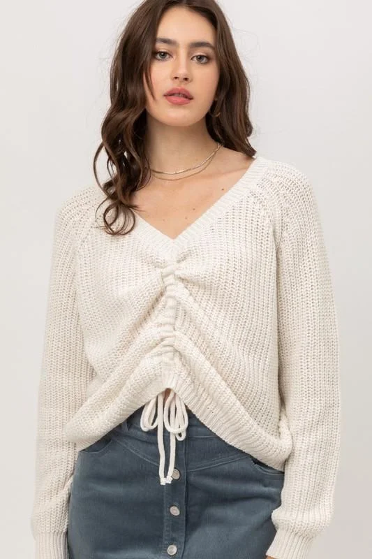 Jade, Ruched front Self Tie Knit sweaterCollaborative Knit Tops