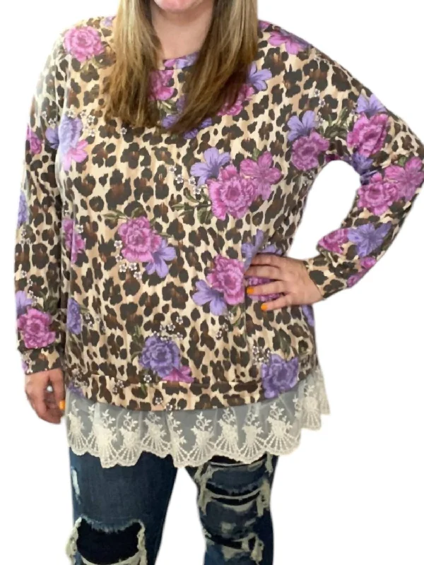 Lace Trim Floral Animal Sweater In Multi ColorBranded Knit Tops