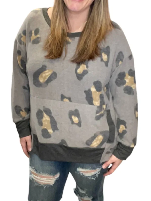 Leopard Kangaroo Pocket Sweater In CharcoalEmbellished Knit Tops