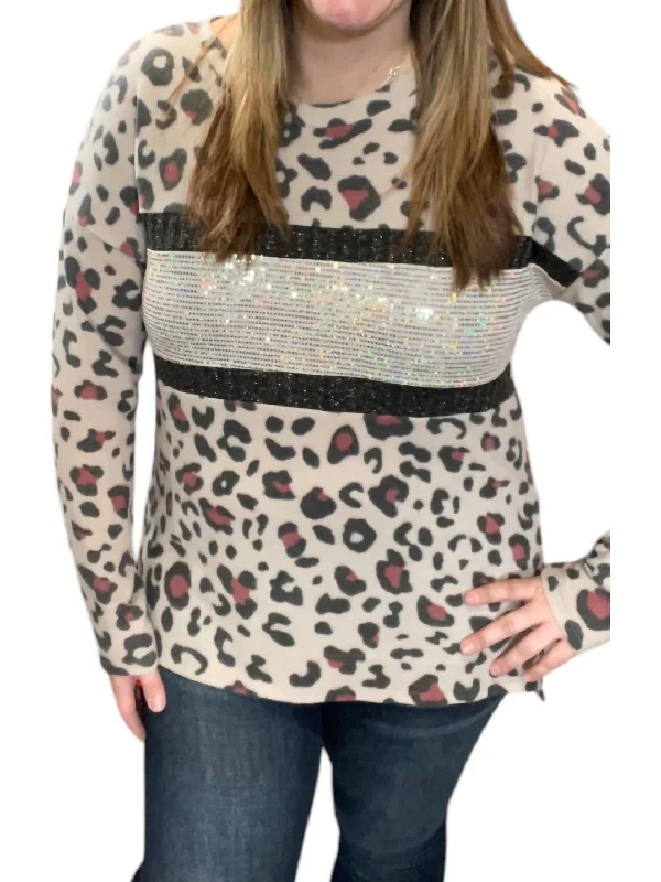 Leopard With Sequin Sweater In TaupeAngora Knit Tops