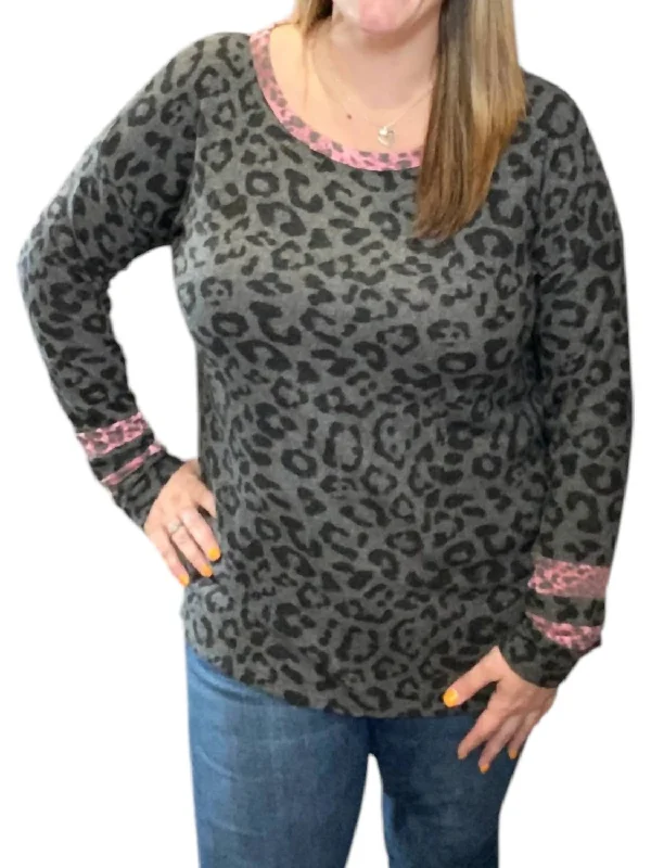 Leopard With Wine Accent Sweater In GrayWork Knit Tops