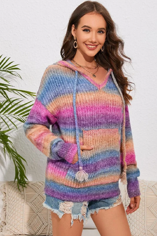 Multicolor Dropped Shoulder Hooded SweaterOversized Knit Tops