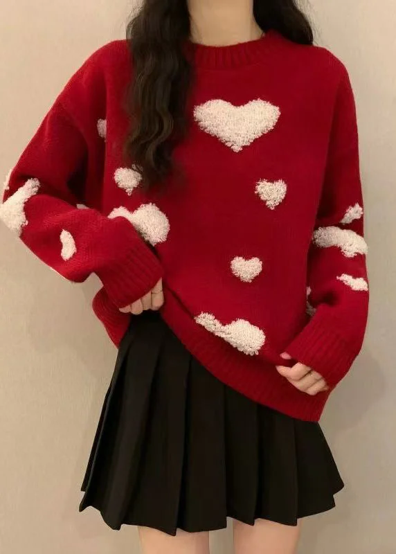 New Red O Neck Heart Jacquard Thick Knit Sweaters WinterLayered Knit Tops