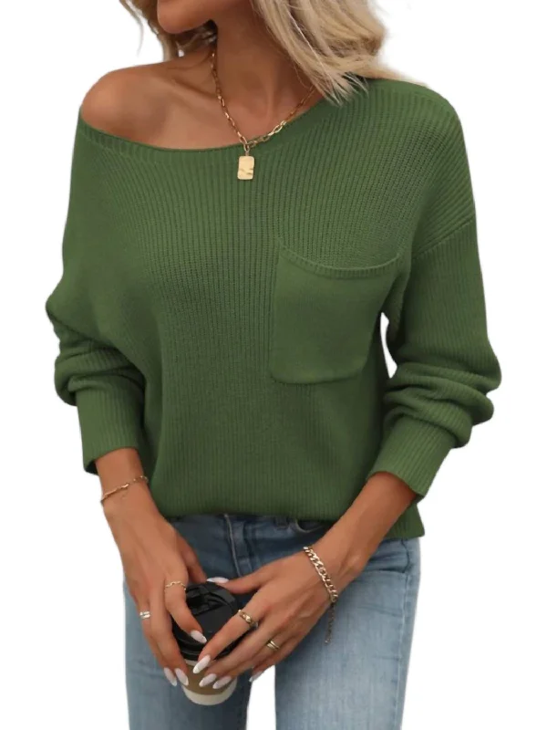 Portia Chest Pocket Slouchy Sweater In GreenLeather-Paneled Knit Tops