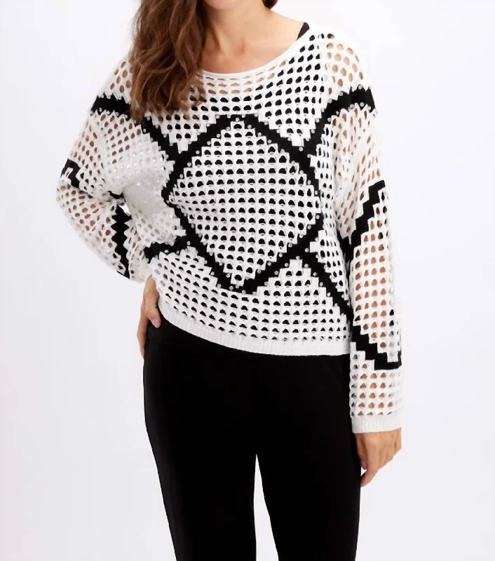 Printed Fishnet Top In Black/whiteStudded Knit Tops