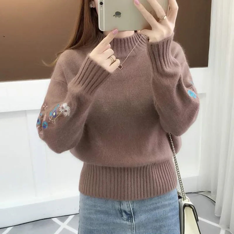 Stand Collar Solid Color Embroidery SweaterOrganic Cotton Knit Tops