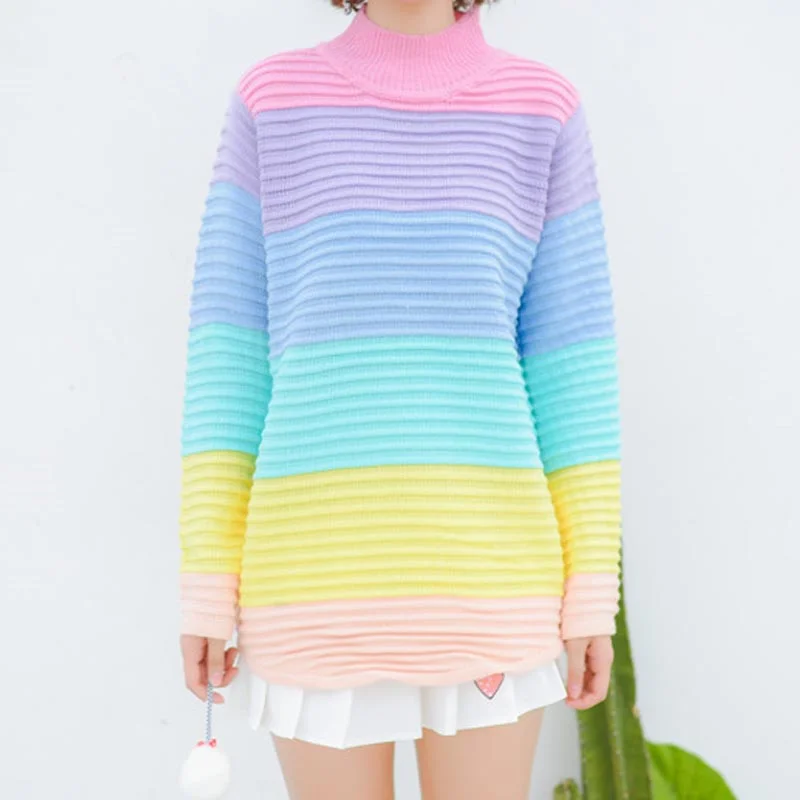 Sweet Rainbow Knitted Sweater AD0325Ribbed Knit Tops