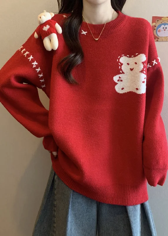 Unique Red O Neck Cartoon Patchwork Knitted Sweaters WinterCropped Knit Tops