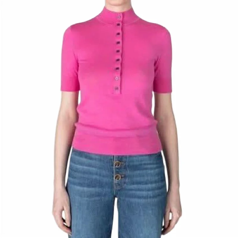 Violette Cashmere Button Up Mockneck Top In MacronLayered Knit Tops