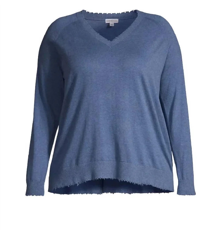 Women's Frayed Edge V Sweater In Harbor BlueAngora Knit Tops